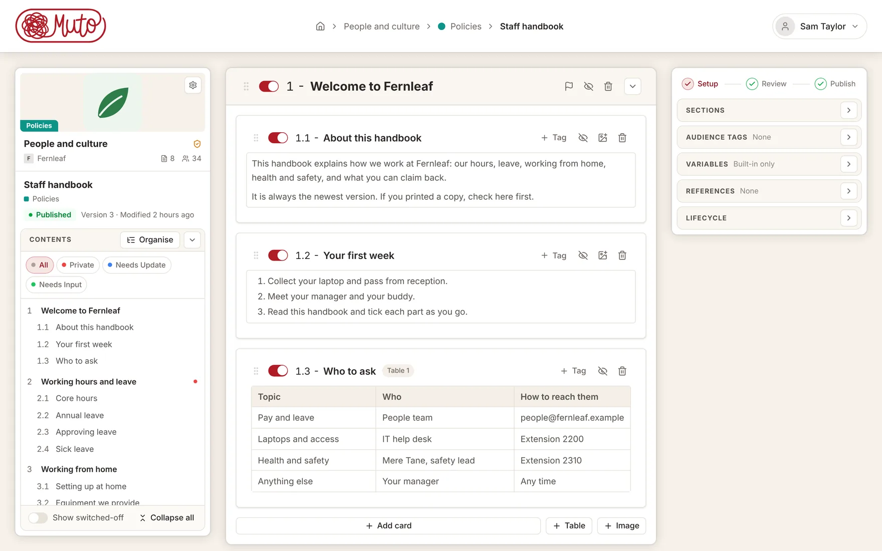 A staff handbook open in Muto: its contents down the left, sections of cards in the middle and the tools on the right