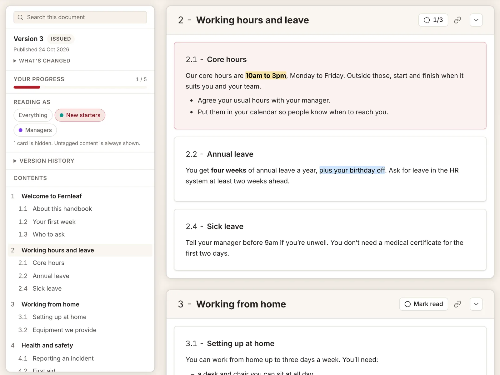 A reader’s view of a Muto document, reading as New starters: one card is left out, a card is ticked as read and comments are marked in the text