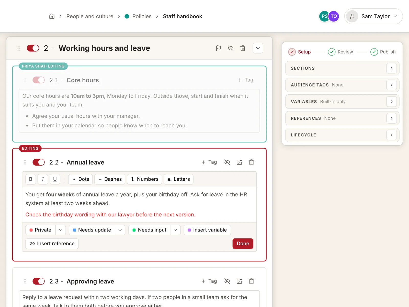 Two people in one Muto document: a card open for typing with its formatting tools, and the card above marked as being edited by Priya Shah